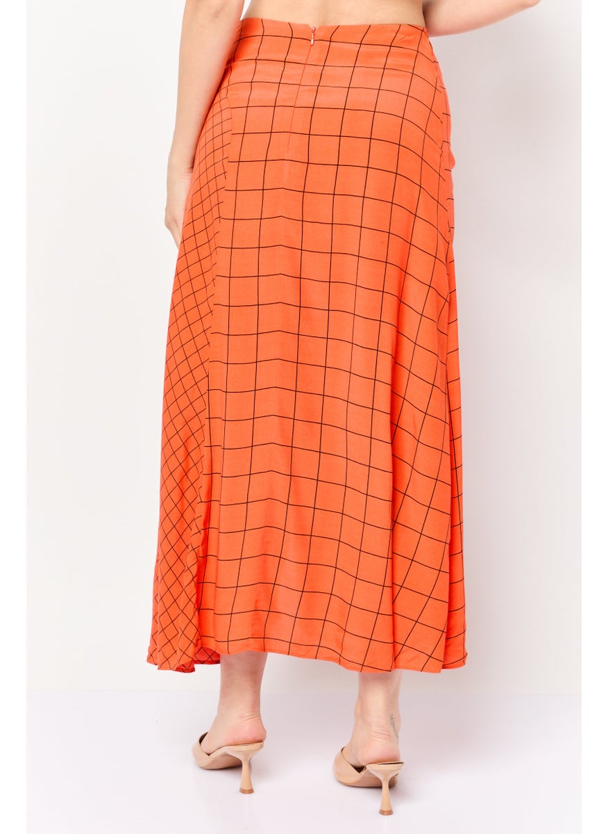 Women Windowpane Pattern Midi Skirt, Dark Orange