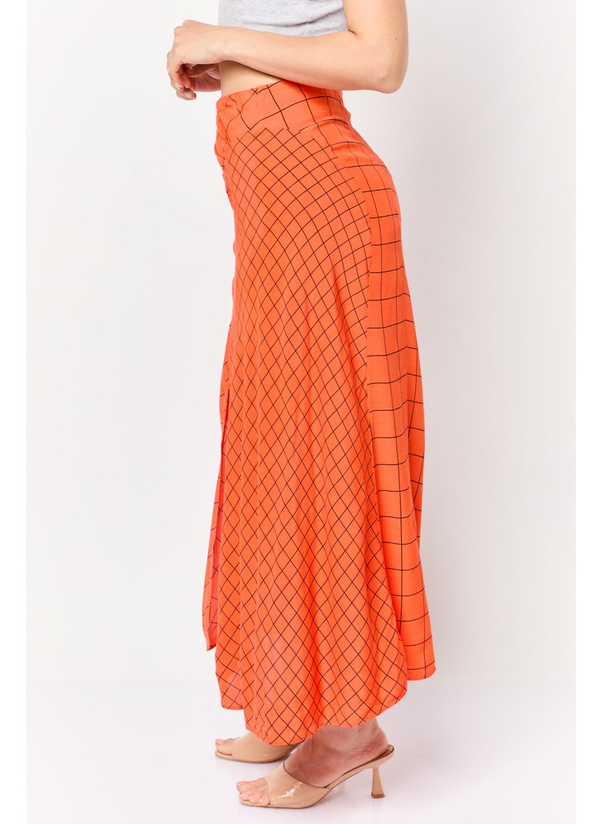 Women Windowpane Pattern Midi Skirt, Dark Orange