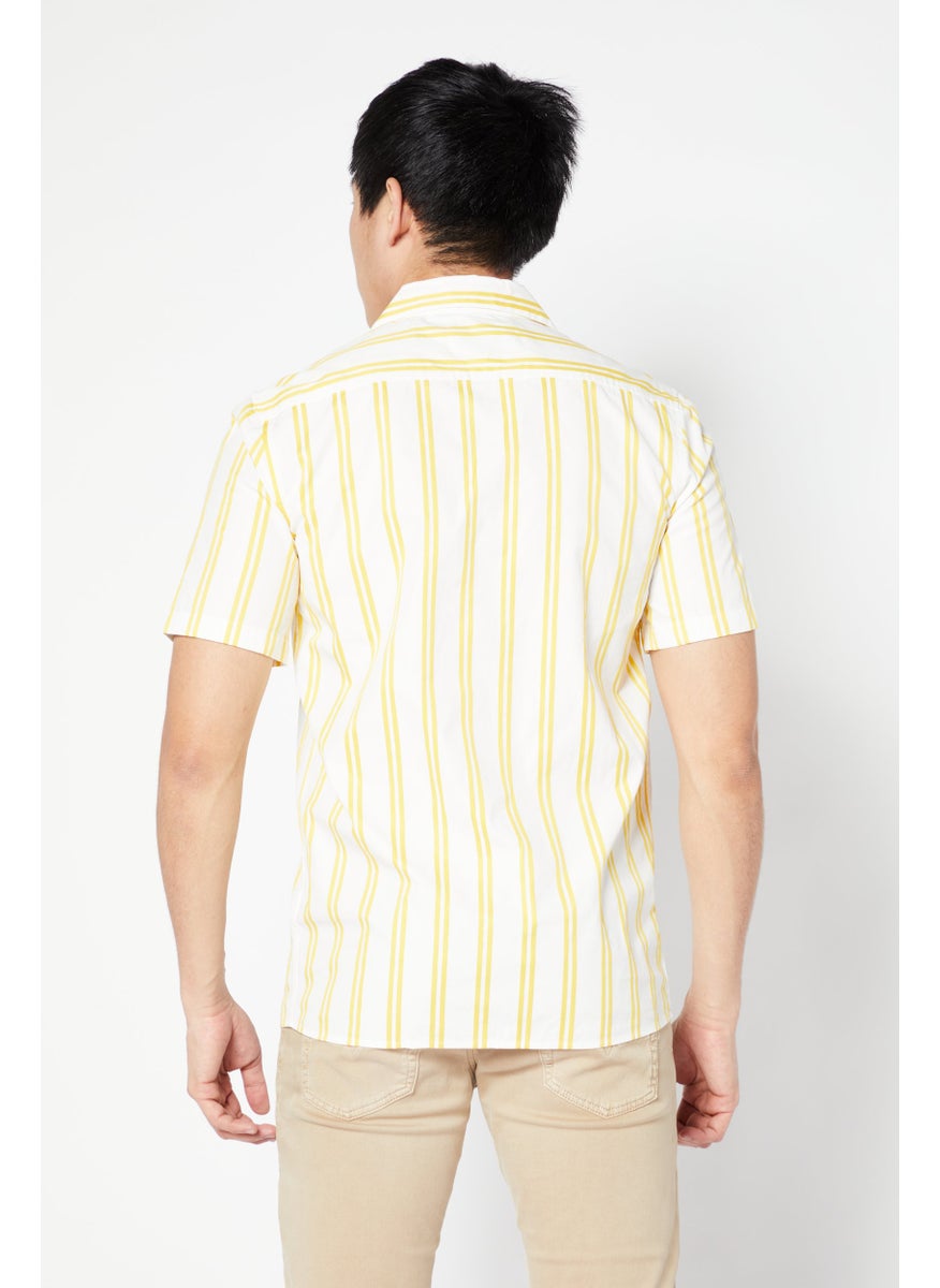 Men Regular Fit Short Sleeve Stripe Casual Shirt, White/Yellow