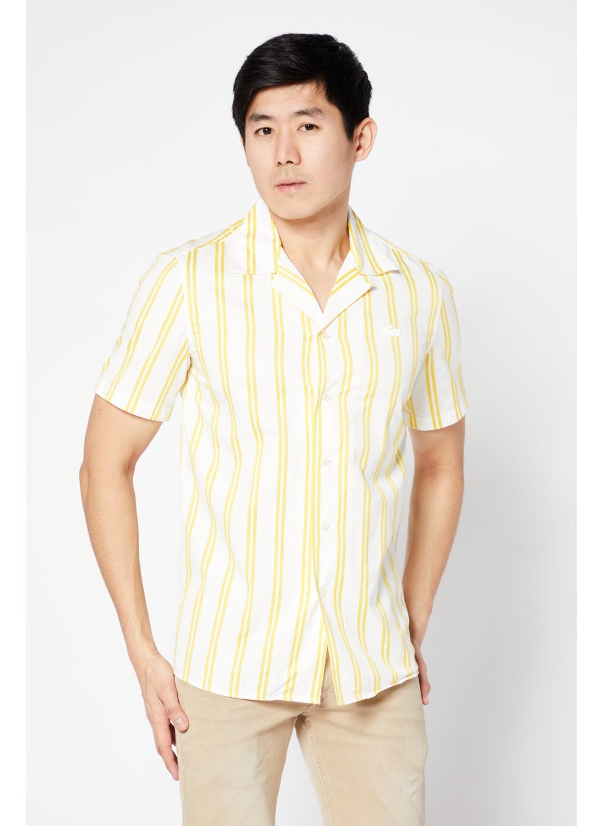 Men Regular Fit Short Sleeve Stripe Casual Shirt, White/Yellow