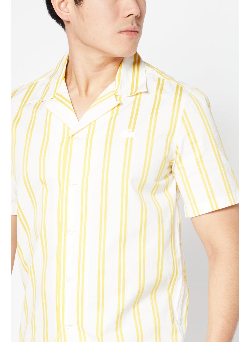 Men Regular Fit Short Sleeve Stripe Casual Shirt, White/Yellow