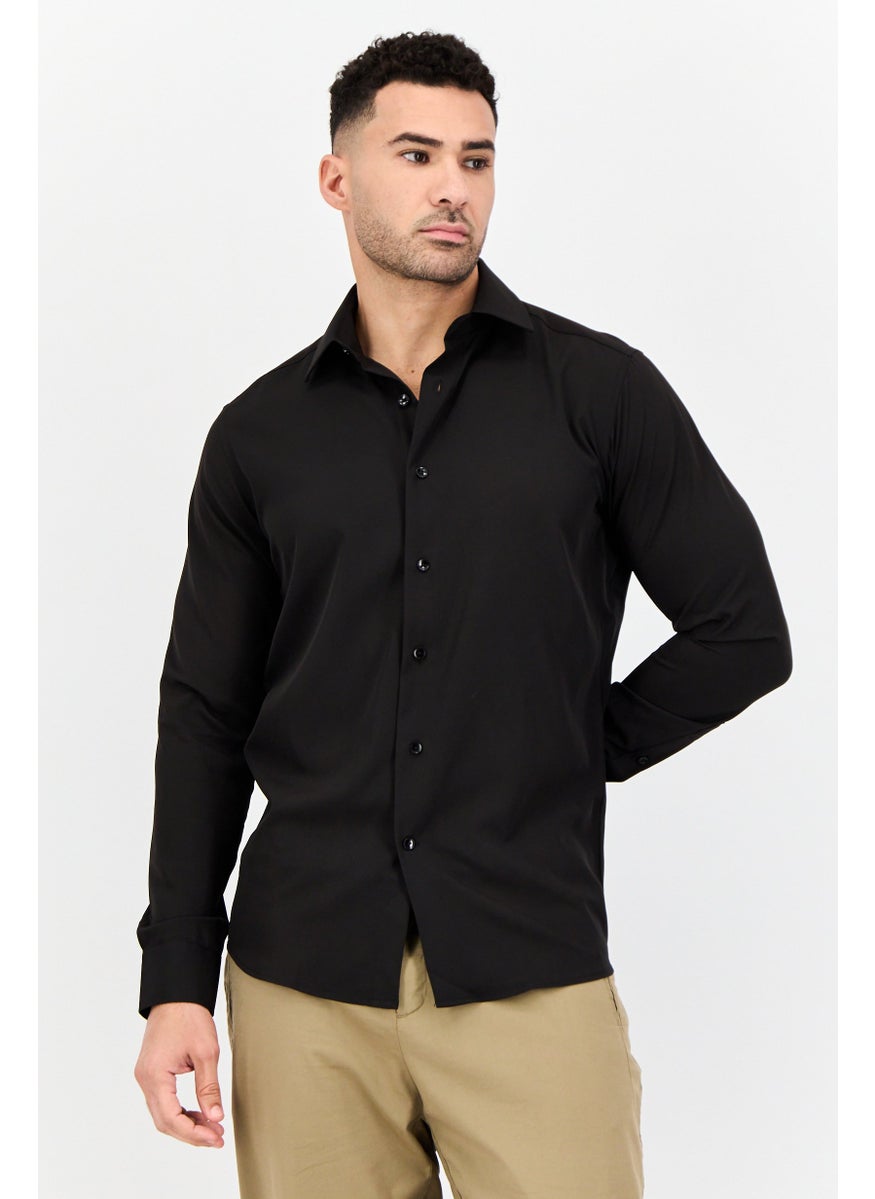 Men Modern Fit Plain Long Sleeve Dress Shirt, Black