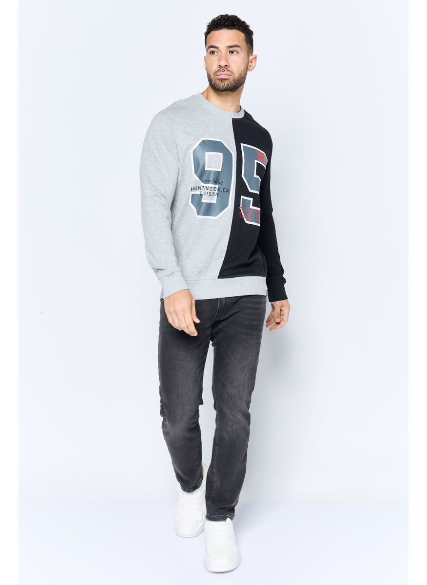 Men Crew Neck Printed Long Sleeve Sweatshirts, Heather Grey
