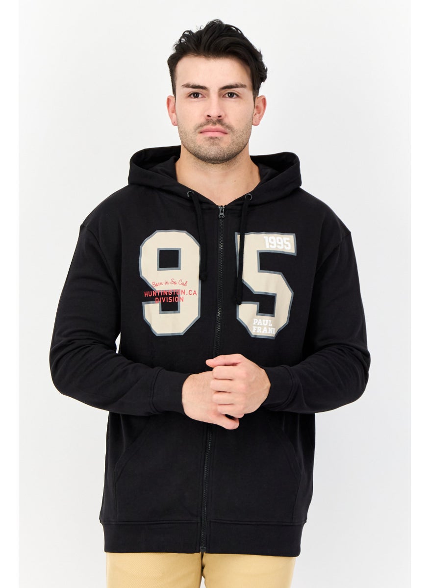 Men Printed Long Sleeves Full Zip Hoodie, Black