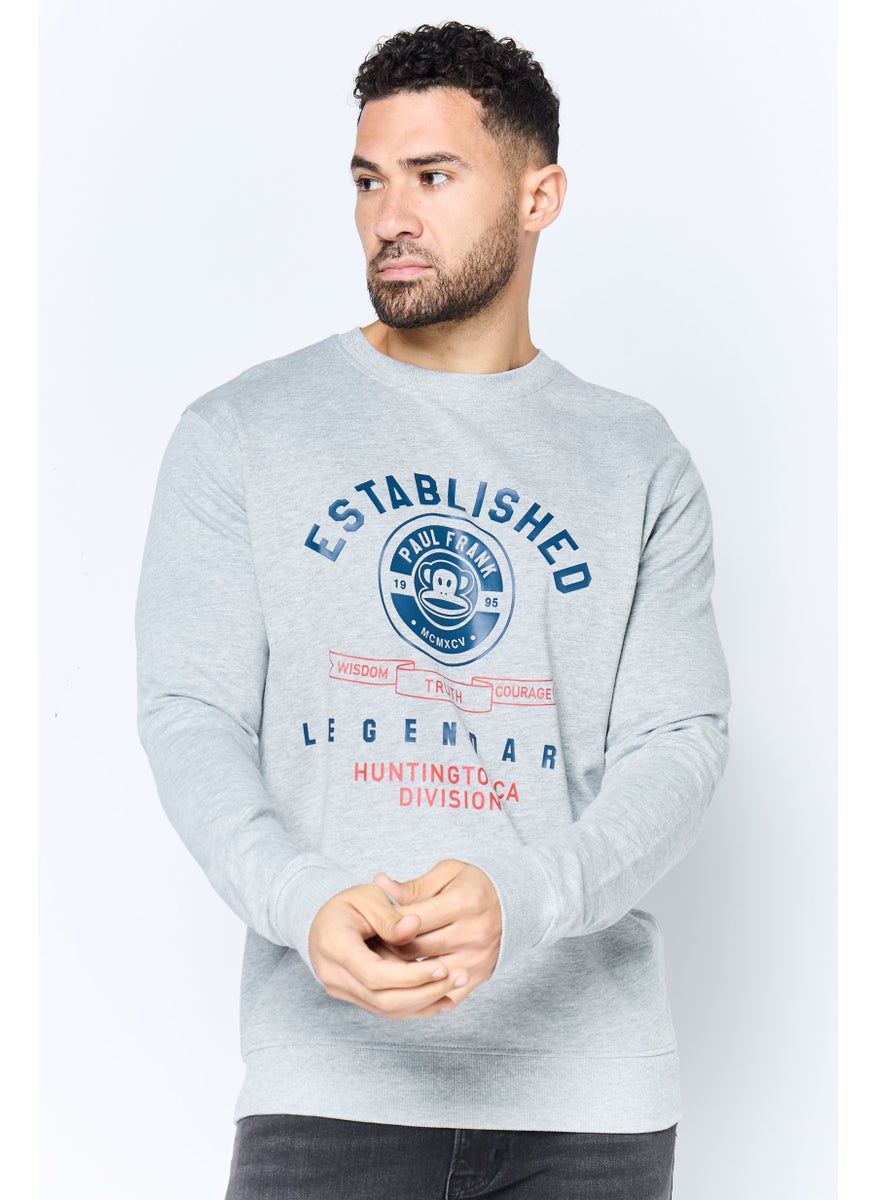 Men Crew Neck Printed Long Sleeve Sweatshirt, Heather Grey