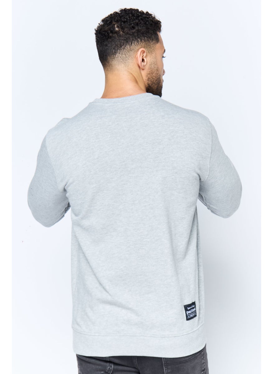 Men Crew Neck Printed Long Sleeve Sweatshirt, Heather Grey