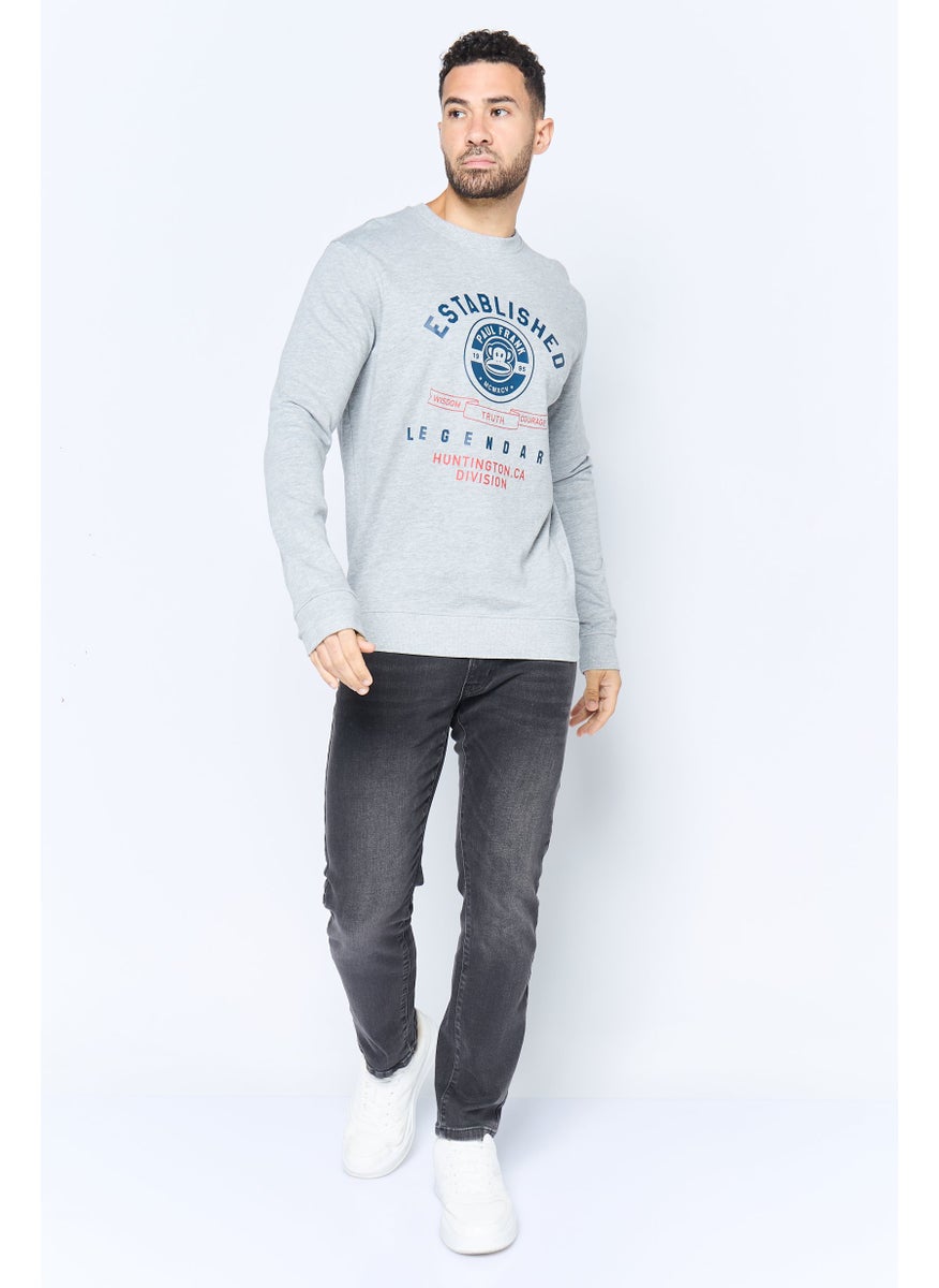 Men Crew Neck Printed Long Sleeve Sweatshirt, Heather Grey