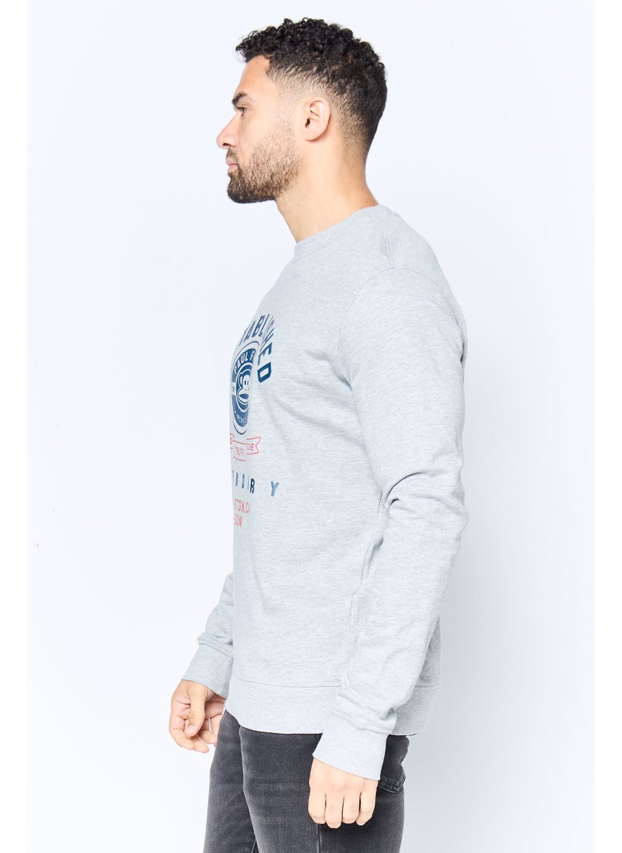 Men Crew Neck Printed Long Sleeve Sweatshirt, Heather Grey