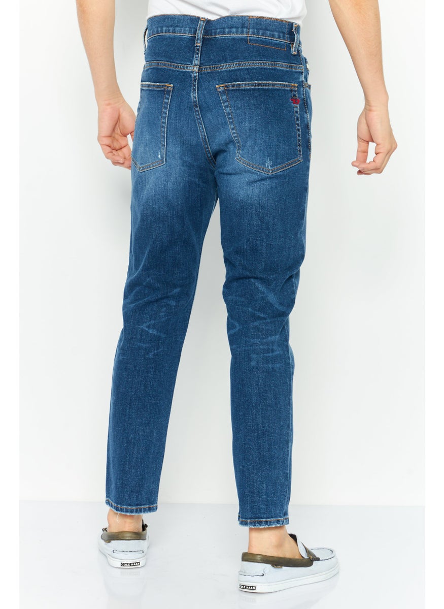 Men Regular Fit Tapered Leg Washed Stretchable Jeans, Blue