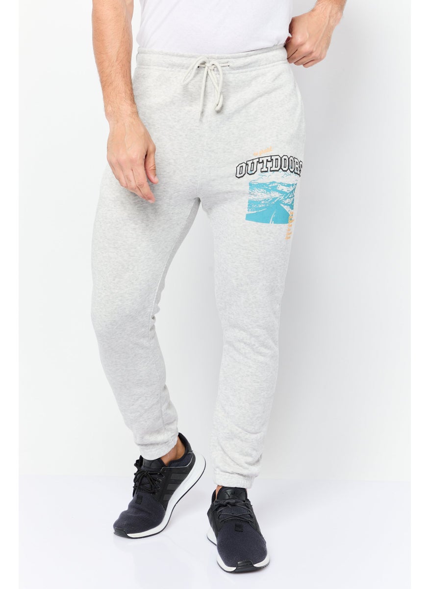Men Regular Fit Graphic Print Sweatpants, Light Grey