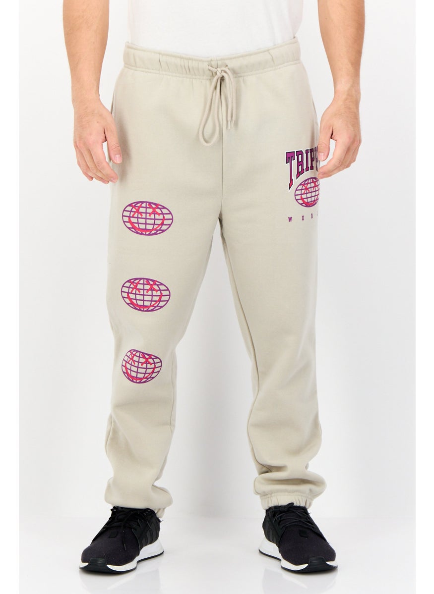 Men Regular Fit Graphic Print Sweatpants, Taupe