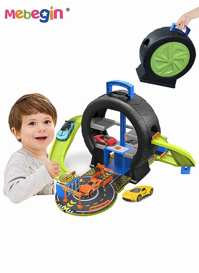 27PCS Tire-shaped Parking Lot Set with 4 Alloy Cars and 17 Road Signs, Creative Travel Toy with Independent Storage Box, Fun Board Game, Easy to Storage and Carry, Ideal Gift for Kids Aged 3+, 50*61
