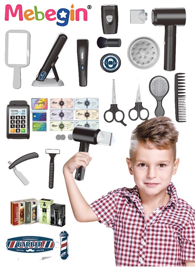 25 Pcs Barber Shop Pretend Play Set Shaving Toy for Boys, Beauty Hair Salon Toy Kit with Realistic Hairdryer,Mirror, Scissors Styling Accessories,Toddler Shaving Kit and Styling Toy Set  Birthday Gift