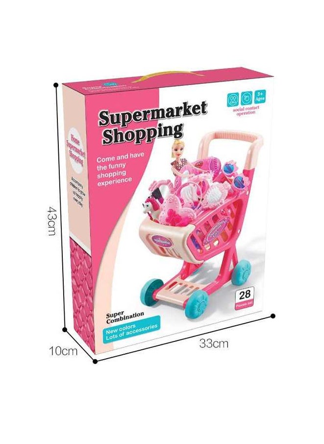 Kids Supermarket Shopping Cart Toy Set, Pink Play Trolley with Accessories, 28 Pieces