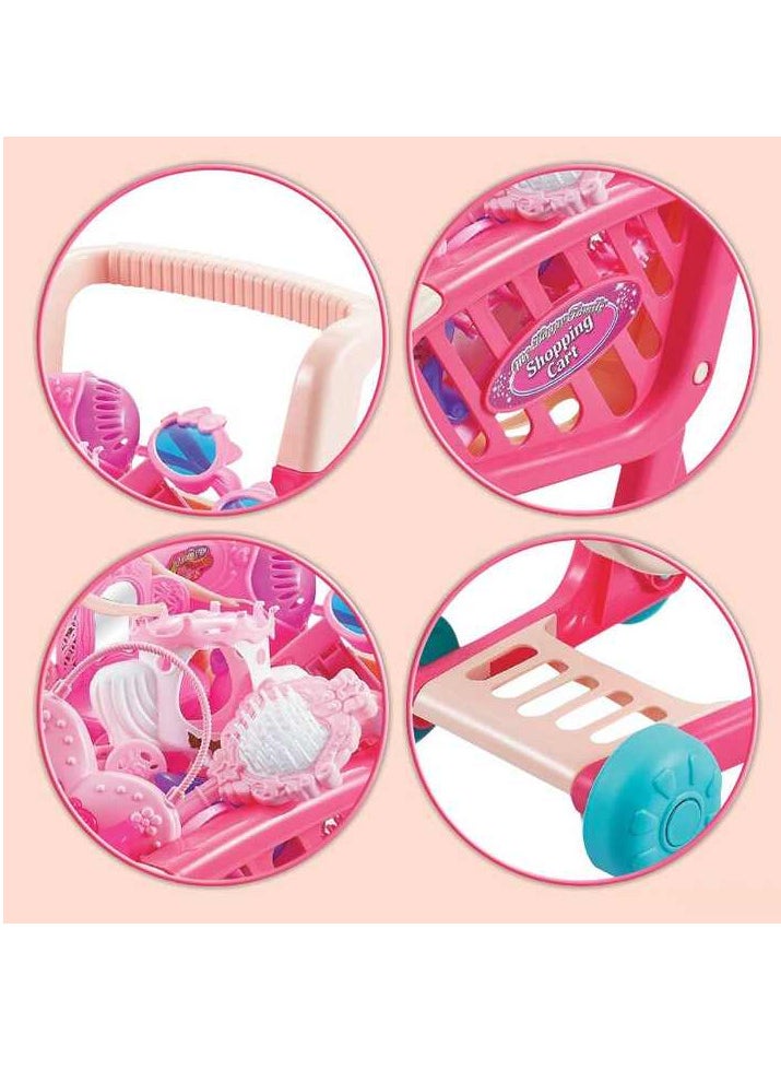 Kids Supermarket Shopping Cart Toy Set, Pink Play Trolley with Accessories, 28 Pieces