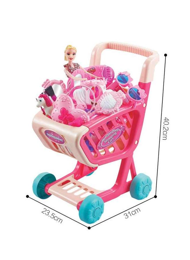 Kids Supermarket Shopping Cart Toy Set, Pink Play Trolley with Accessories, 28 Pieces