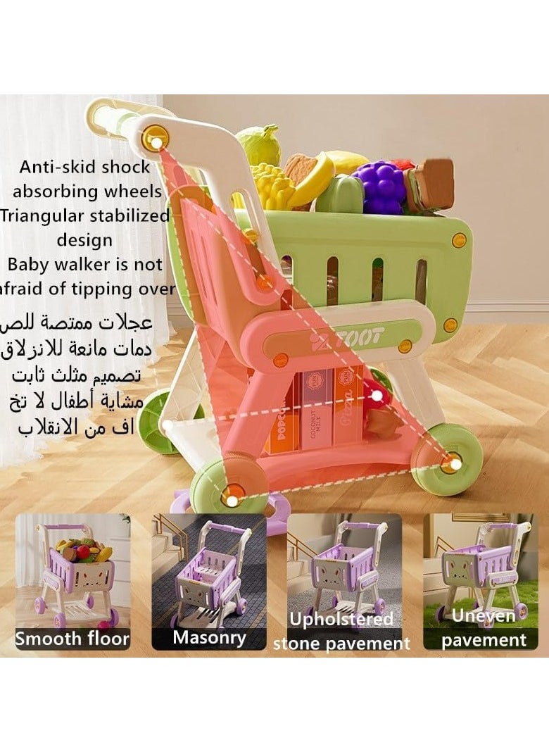Kids Shopping Cart Trolley Play Set with 32 pieces Pretend Food and Accessories,Toy Shopping Cart Trolley for Kids Baby with Play Foods, Grocery Shopping Cart Playing Pretend Games (Green)