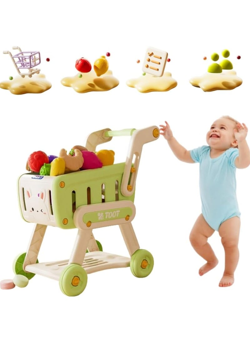 Kids Shopping Cart Trolley Play Set with 32 pieces Pretend Food and Accessories,Toy Shopping Cart Trolley for Kids Baby with Play Foods, Grocery Shopping Cart Playing Pretend Games (Green)