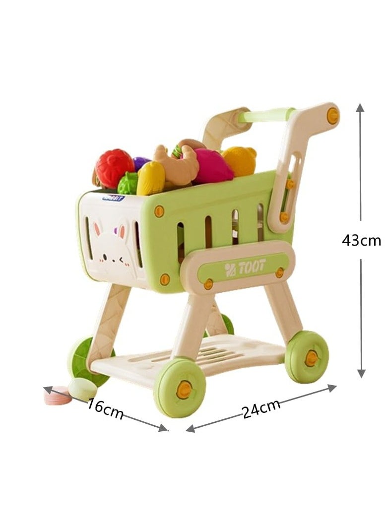 Kids Shopping Cart Trolley Play Set with 32 pieces Pretend Food and Accessories,Toy Shopping Cart Trolley for Kids Baby with Play Foods, Grocery Shopping Cart Playing Pretend Games (Green)