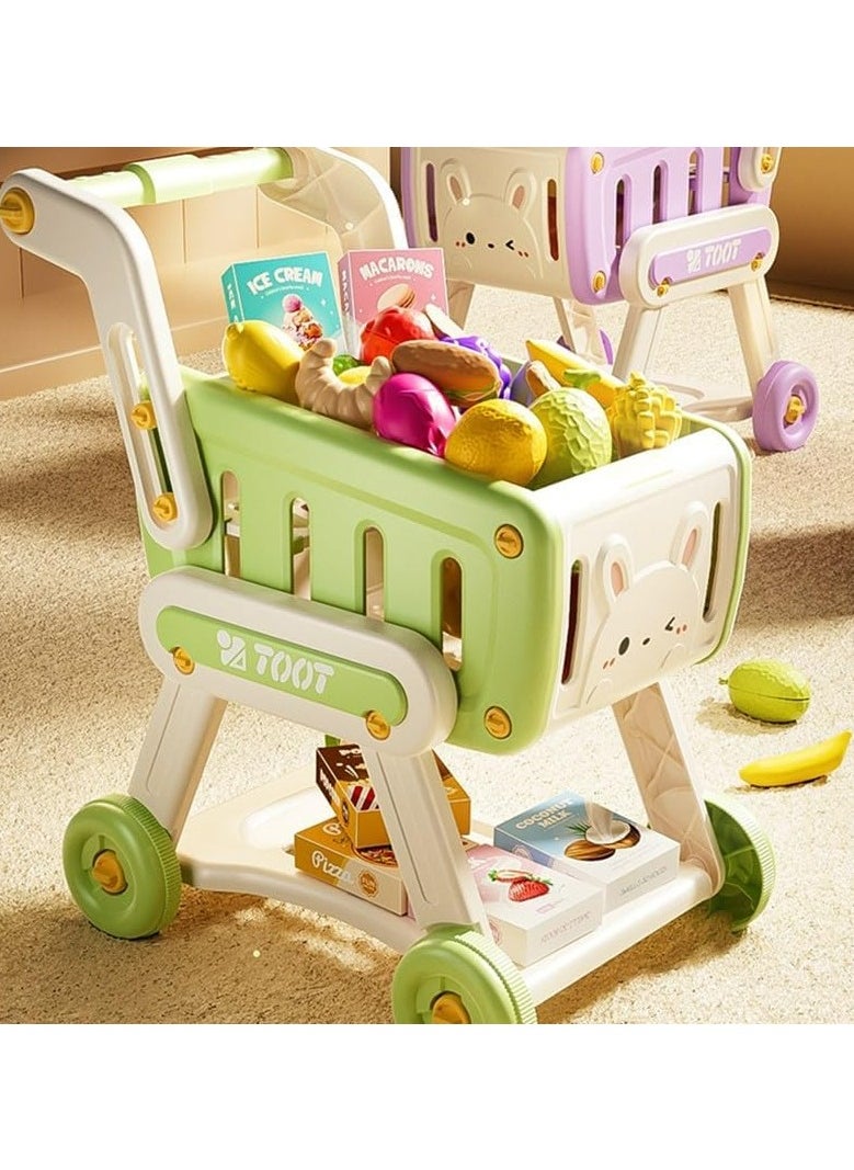 Kids Shopping Cart Trolley Play Set with 32 pieces Pretend Food and Accessories,Toy Shopping Cart Trolley for Kids Baby with Play Foods, Grocery Shopping Cart Playing Pretend Games (Green)