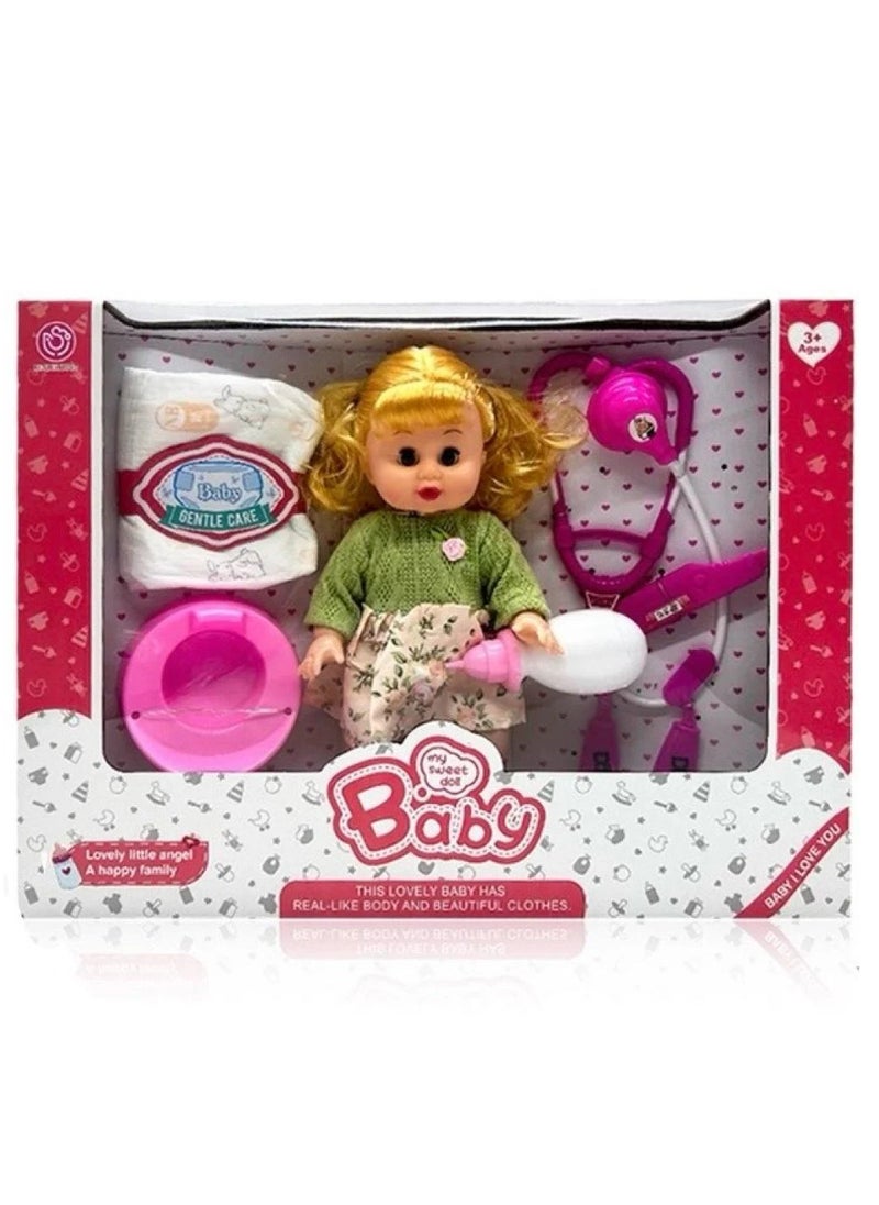 Baby Doll Play Set with Doctor Kit & Care Items - Green Sweater Doll for Pretend Play (Ages 3+)