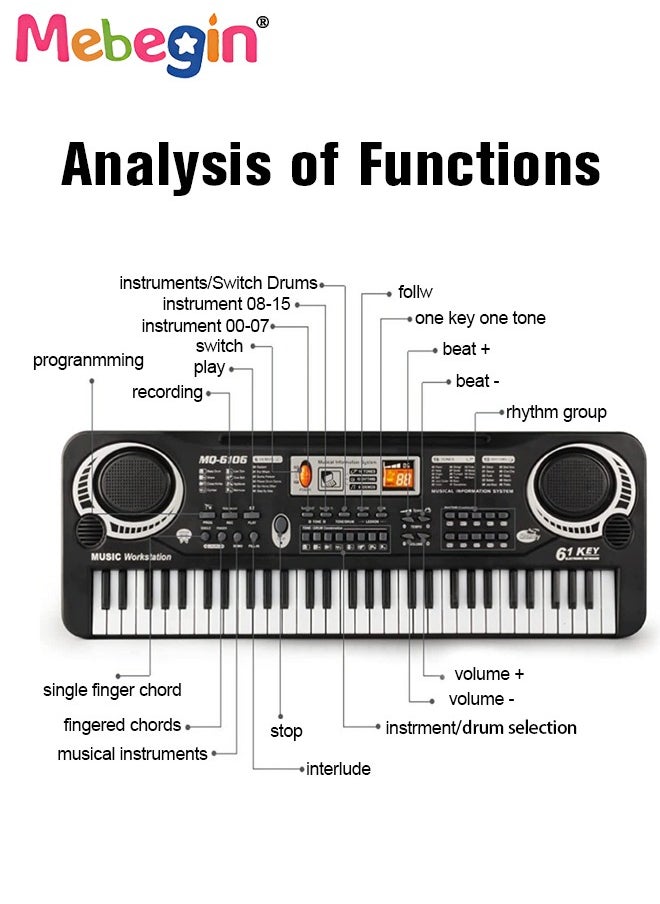 61 Keyboard Multifunction Electronic Piano Toy with Microphone Portable Record Function Musical Instrument Toy Include 6 Demos 8 Sounds Educational Learning Toy for Boys Girls Birthday Gifts