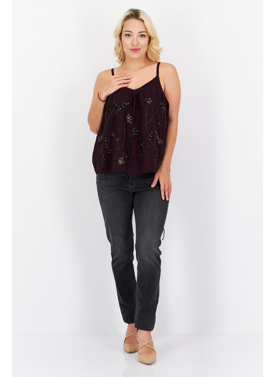 Women V Neck Sleeveless Textured Tank Top, Dark Purple