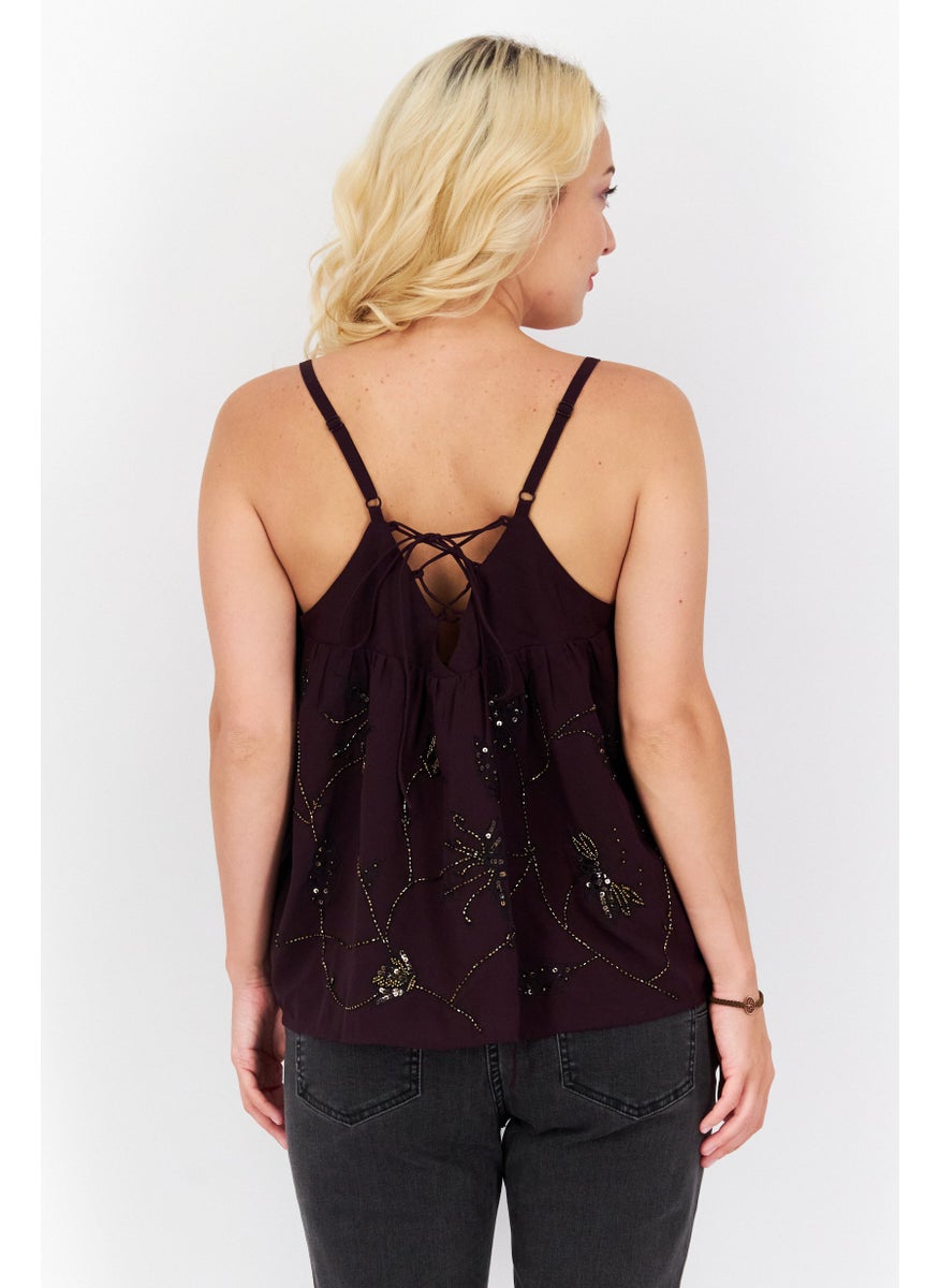 Women V Neck Sleeveless Textured Tank Top, Dark Purple