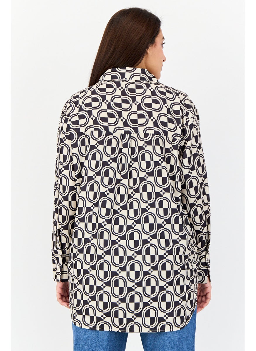 Women Spread Collar  Long Sleeve Allover Print Tunic Top, Multicolor