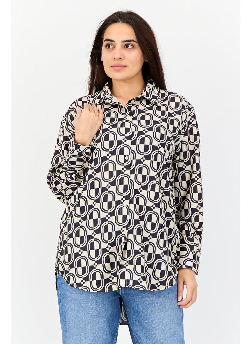 Women Spread Collar  Long Sleeve Allover Print Tunic Top, Multicolor