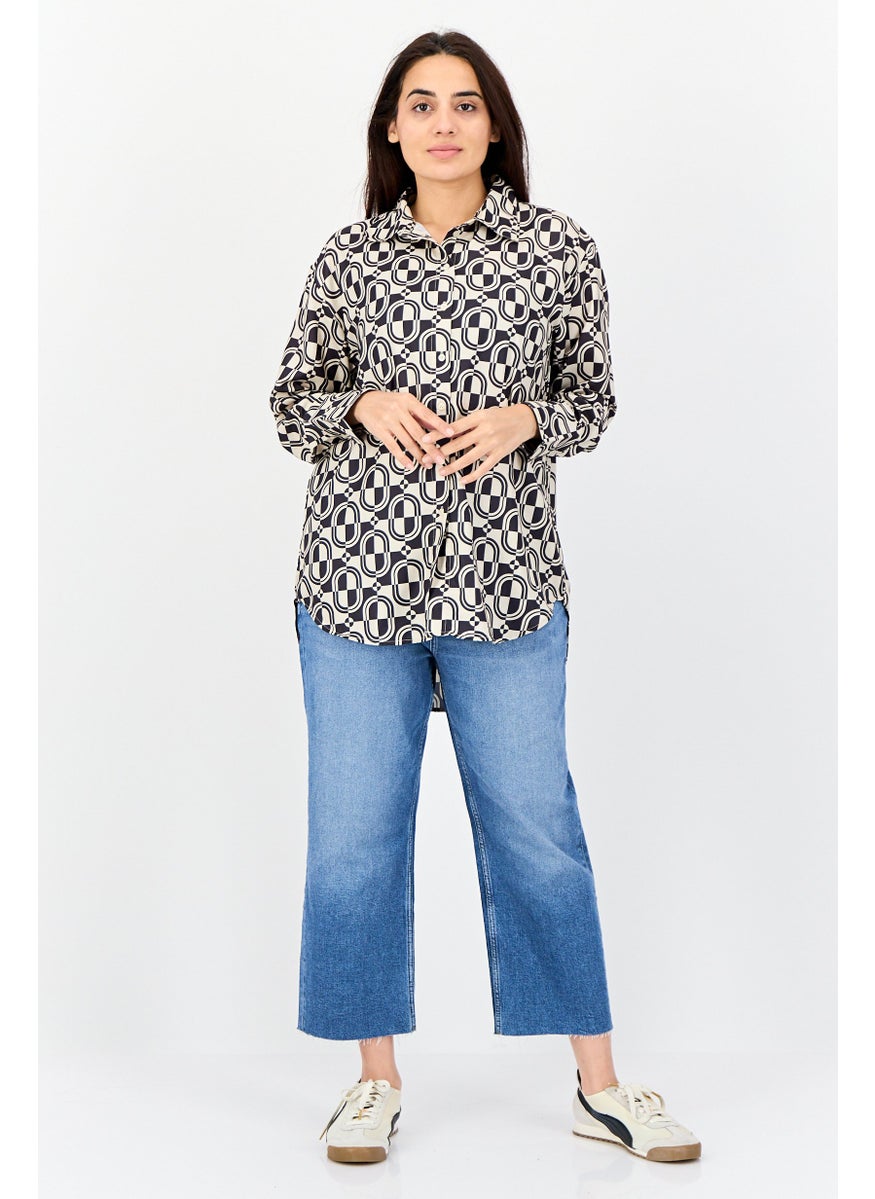 Women Spread Collar  Long Sleeve Allover Print Tunic Top, Multicolor