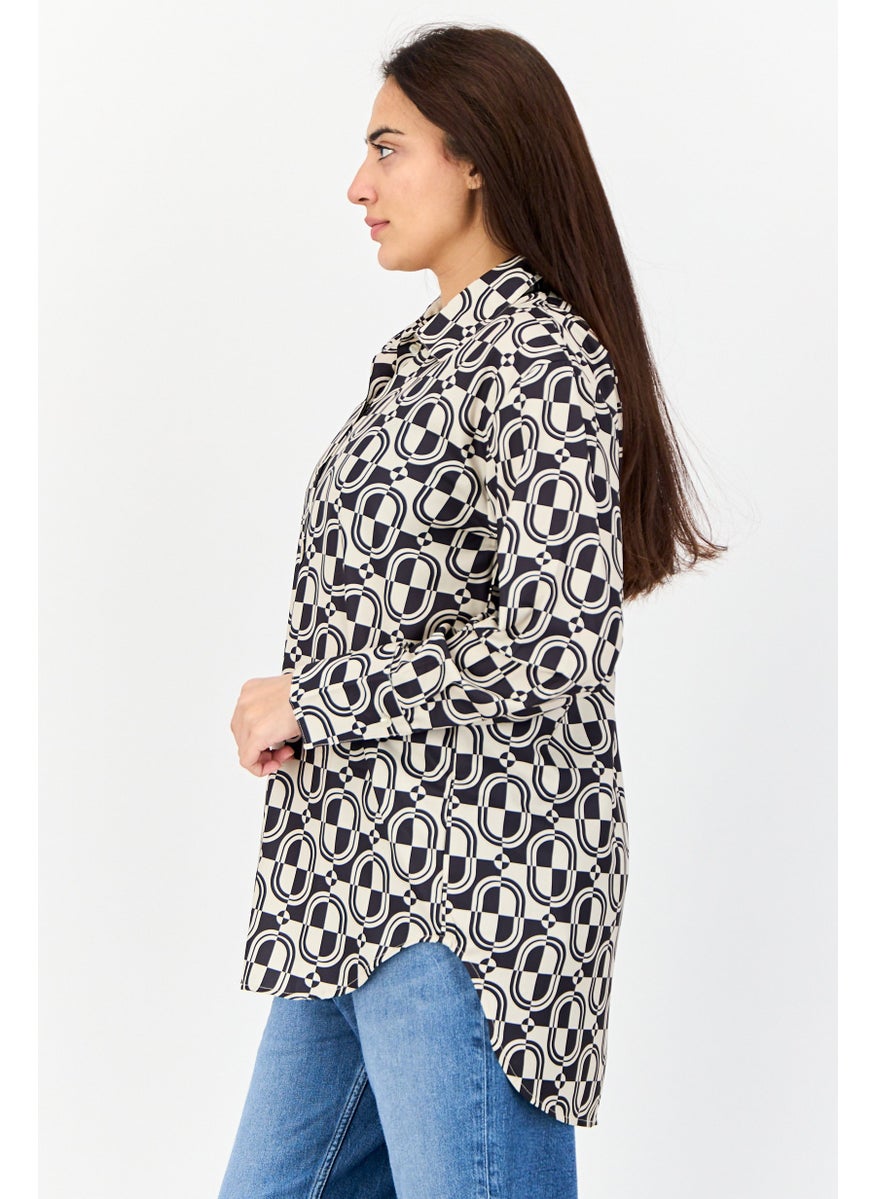 Women Spread Collar  Long Sleeve Allover Print Tunic Top, Multicolor