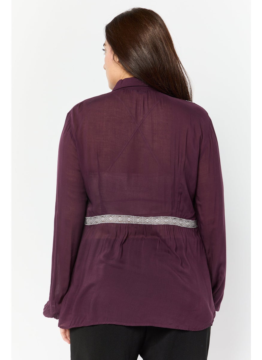 Women Split Neck Embroidered Long Sleeve Blouse, Dark Mauve