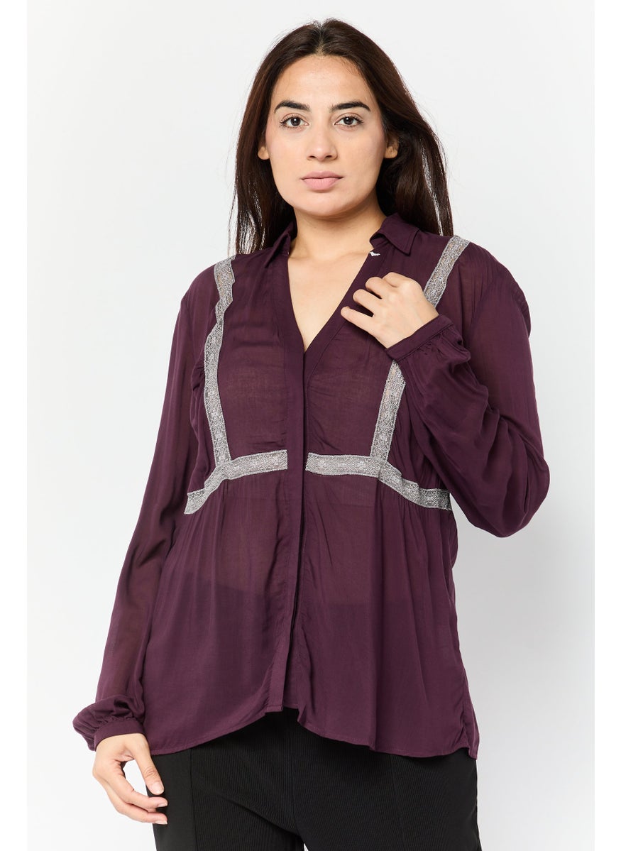 Women Split Neck Embroidered Long Sleeve Blouse, Dark Mauve