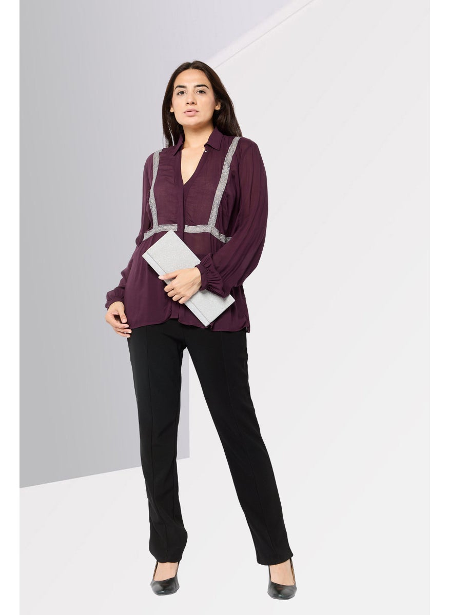 Women Split Neck Embroidered Long Sleeve Blouse, Dark Mauve
