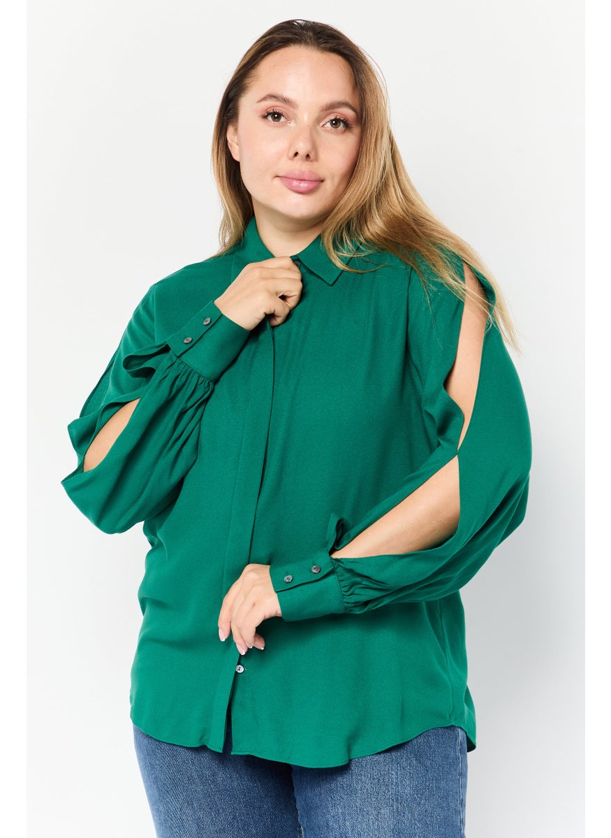 Women Spread Collar Long Sleeve Solid Blouse, Green