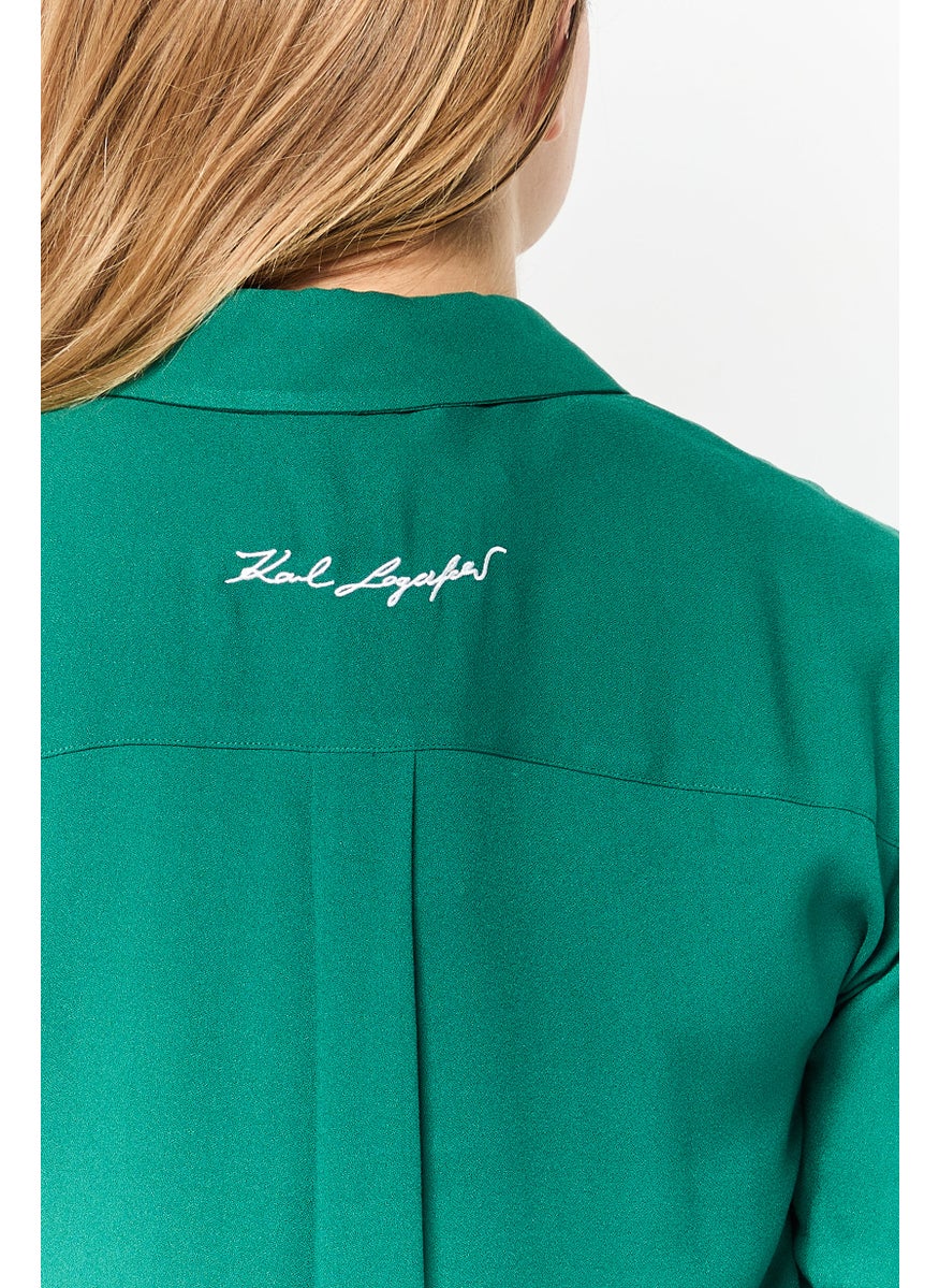 Women Spread Collar Long Sleeve Solid Blouse, Green