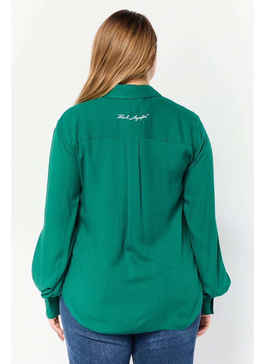 Women Spread Collar Long Sleeve Solid Blouse, Green