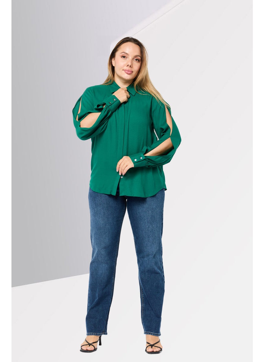 Women Spread Collar Long Sleeve Solid Blouse, Green