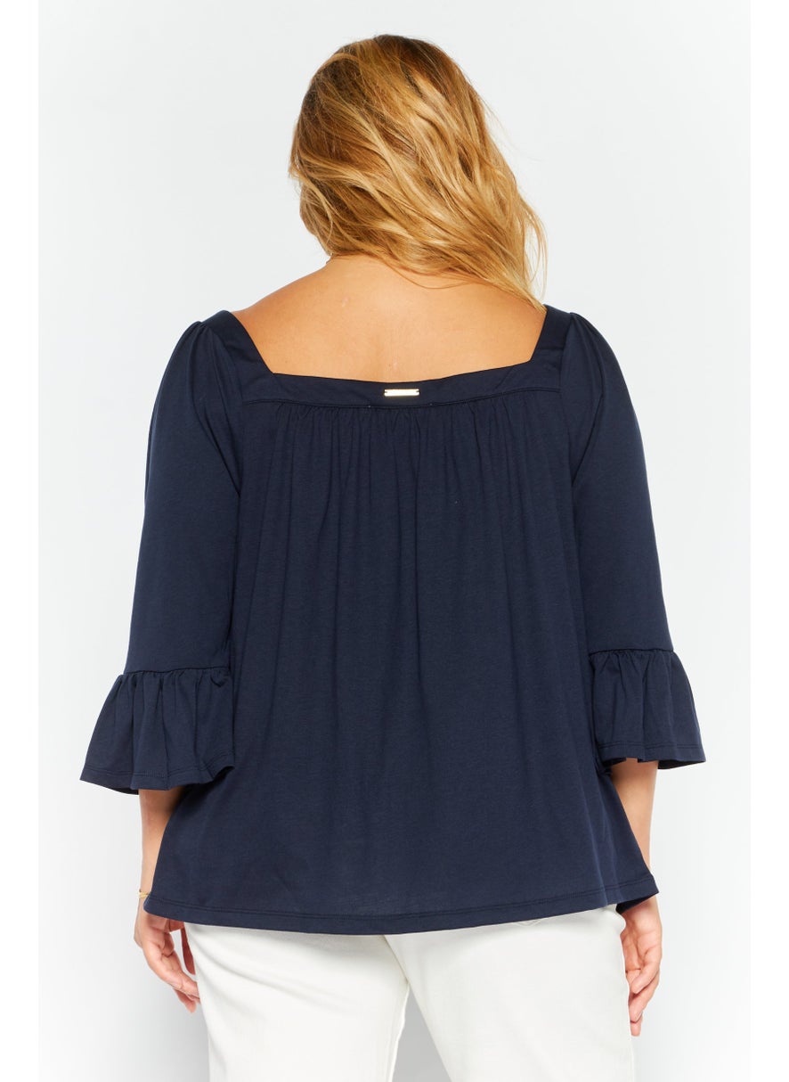 Women Square Neck Elbow Sleeve Plain Blouse, Navy