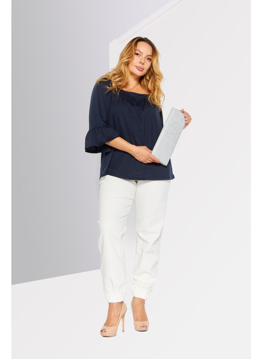 Women Square Neck Elbow Sleeve Plain Blouse, Navy