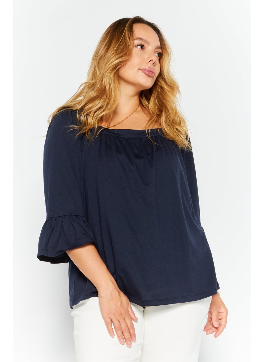 Women Square Neck Elbow Sleeve Plain Blouse, Navy