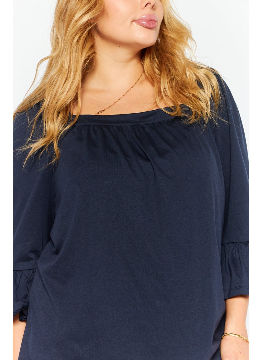 Women Square Neck Elbow Sleeve Plain Blouse, Navy