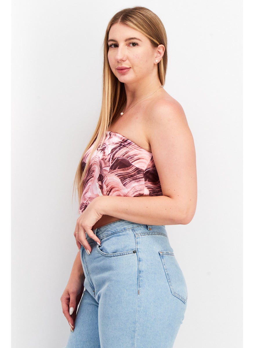 Women Straight Across Strapless Printed Top, Pink Combo