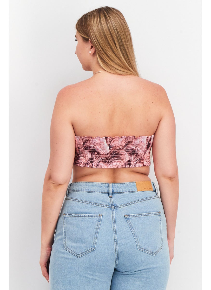 Women Straight Across Strapless Printed Top, Pink Combo