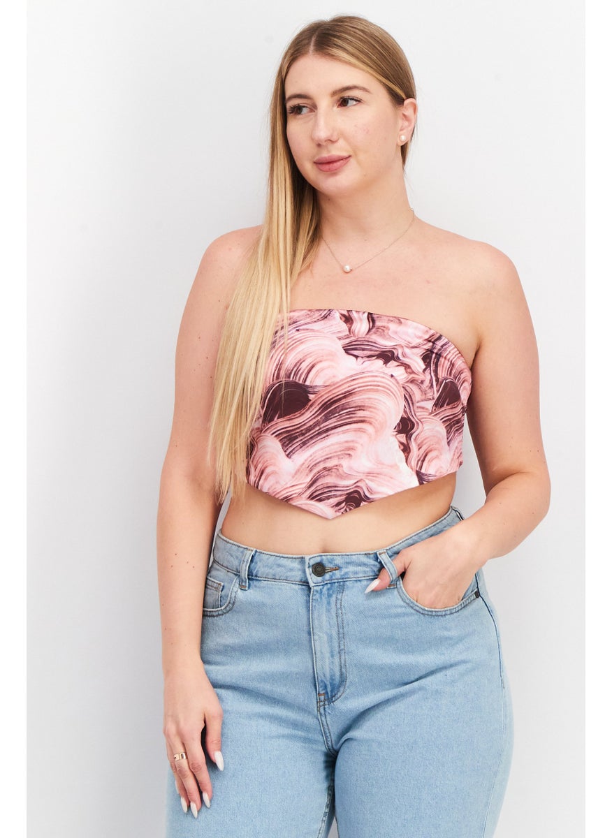 Women Straight Across Strapless Printed Top, Pink Combo