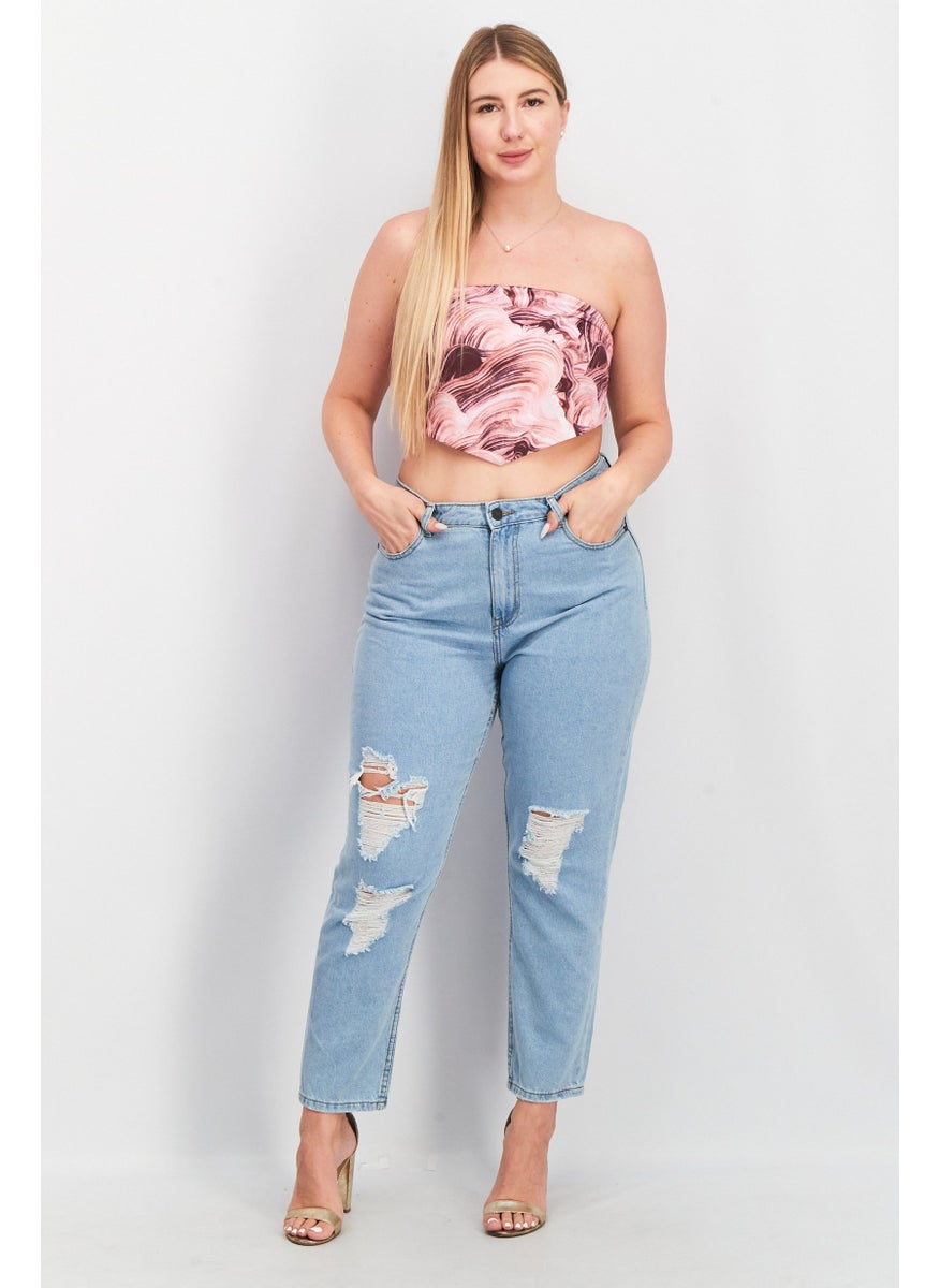 Women Straight Across Strapless Printed Top, Pink Combo