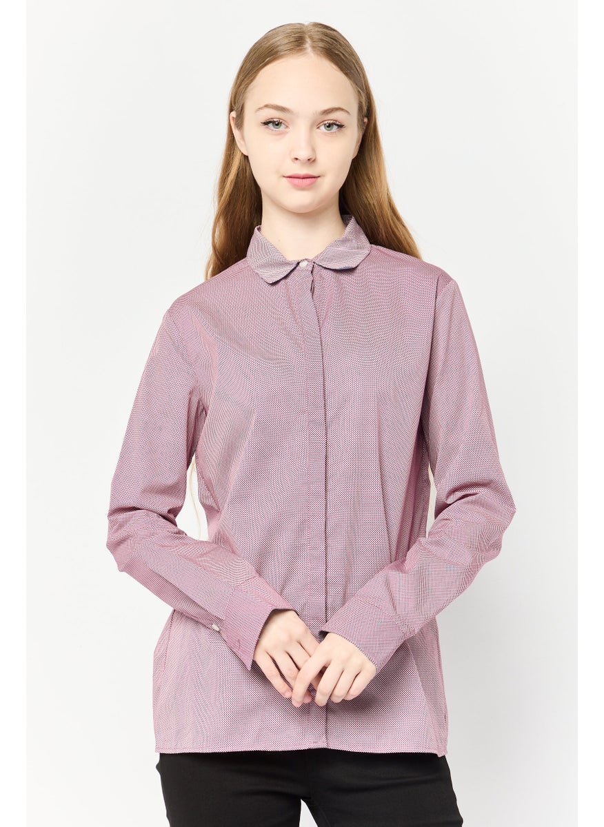 Women Spread Collar Pattern Long Sleeve Blouse, Pink