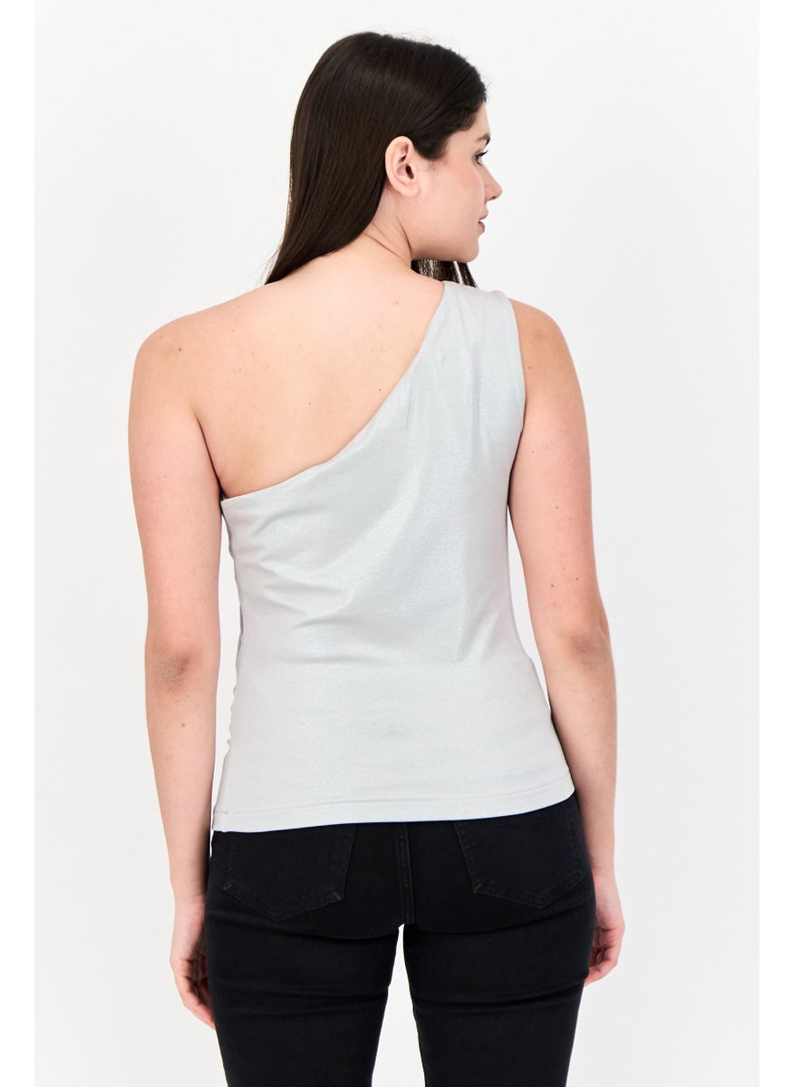 Women Asymmetrical Neck One Shoulder Sleeve Metallic Tank Top, Grey