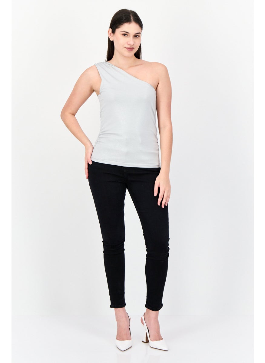 Women Asymmetrical Neck One Shoulder Sleeve Metallic Tank Top, Grey